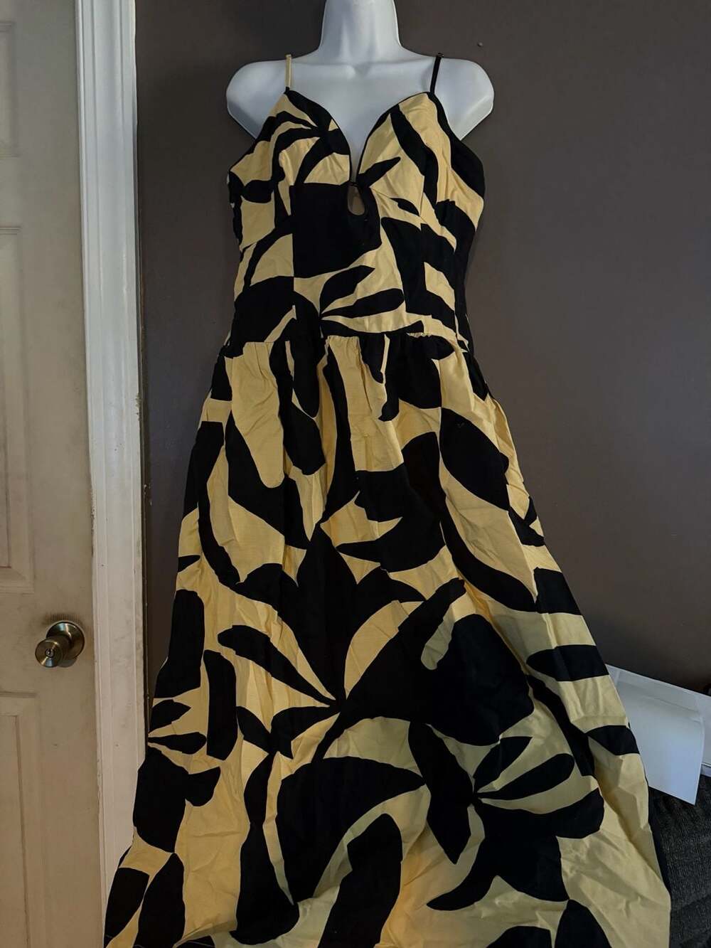 Mon Renn Midi Dress Size L Yellow Black Abstract Print